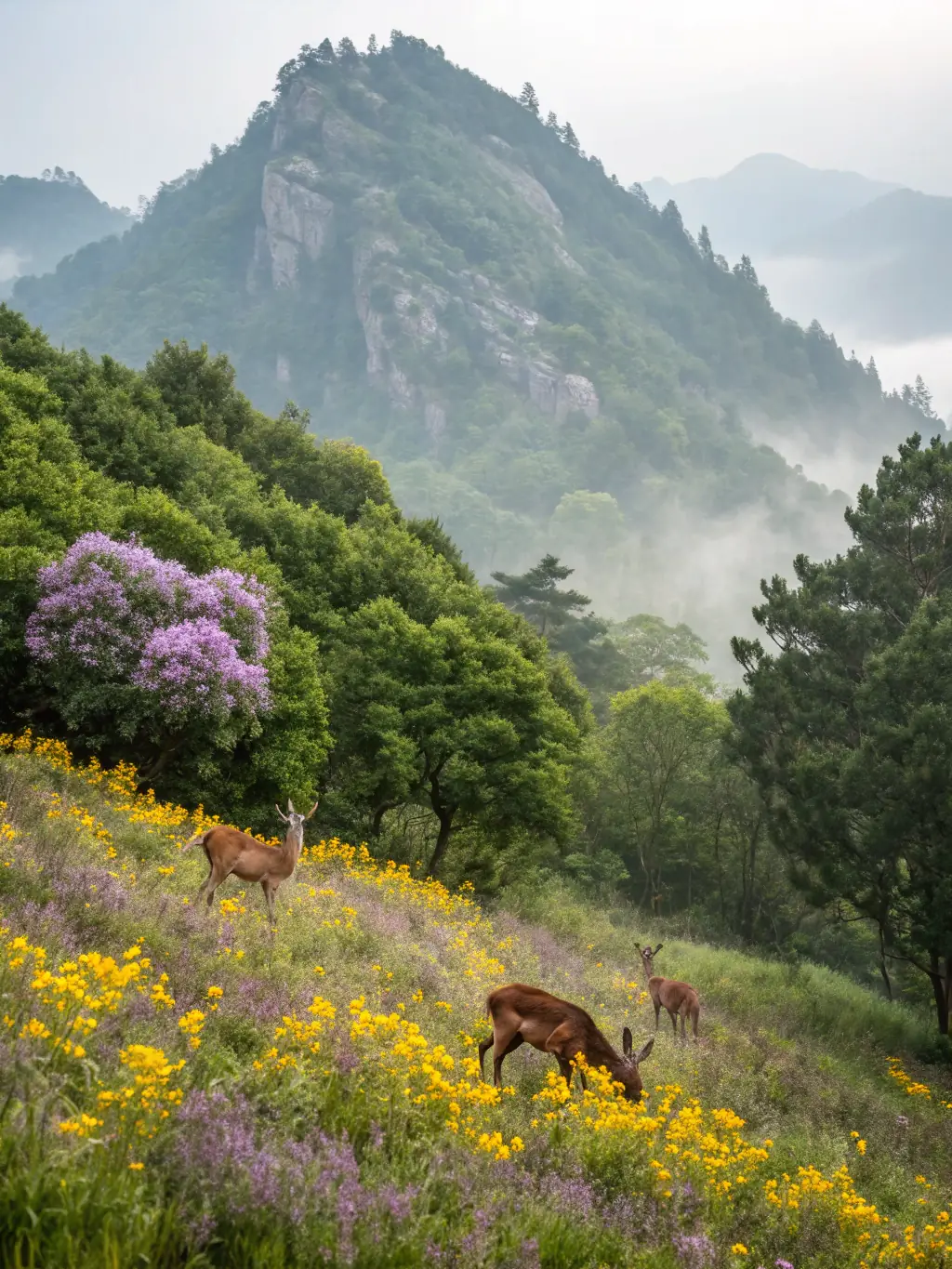 A serene view of Huangshan (Yellow Mountain), featuring granite peaks, pine trees, and a sea of clouds.