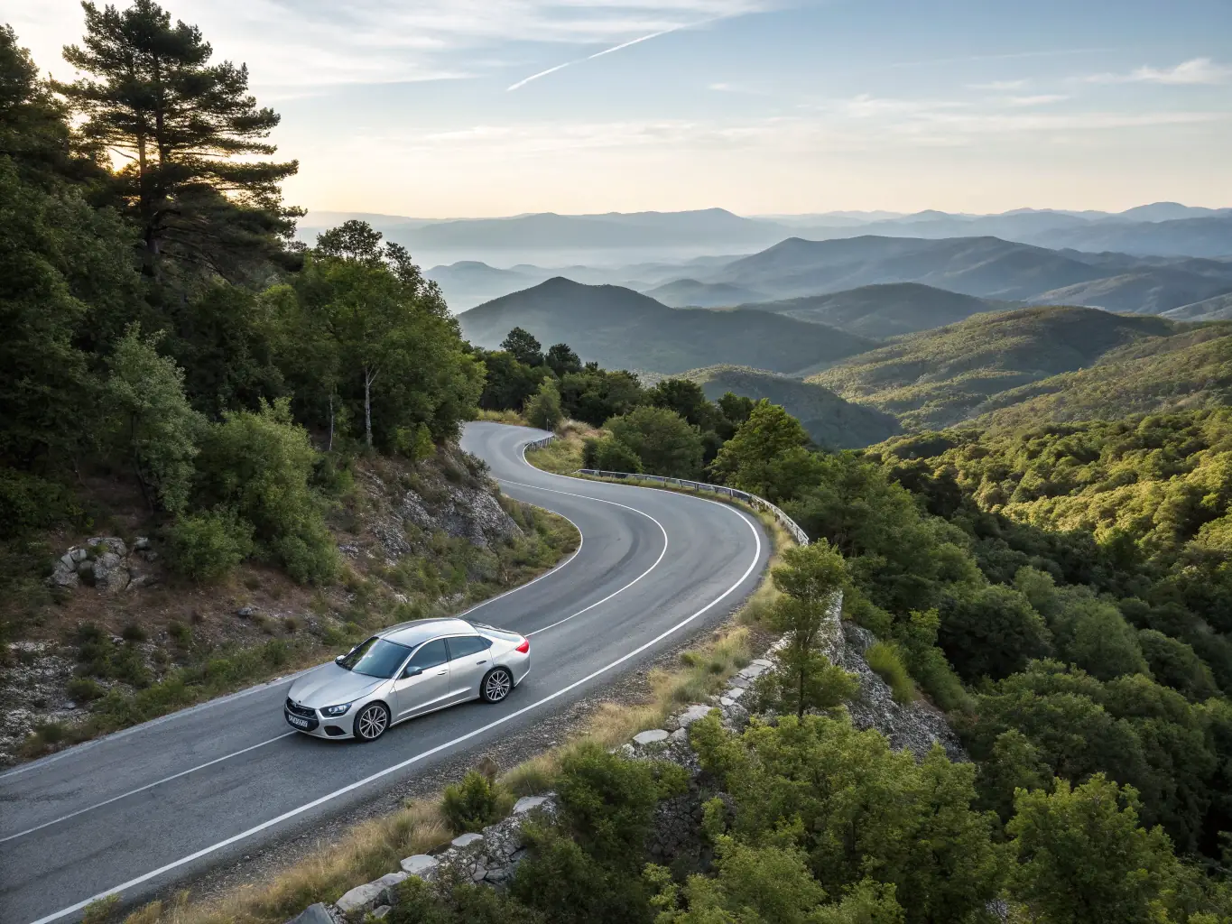 A scenic image of a self-driving car on a winding road through a national geopark, showcasing the beauty of the landscape, suitable for a blog post about self-driving tours.